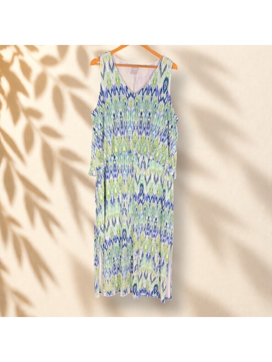 Chico's Dress Women 16/18 Plus Green Geometric Maxi Long Sleeveless V-Neck Rayon